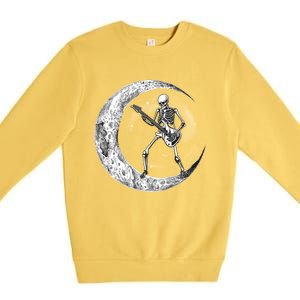 Skeleton Moon Rock And Roll Musician Guitar Lover Halloween Great Gift Premium Crewneck Sweatshirt