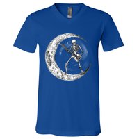 Skeleton Moon Rock And Roll Musician Guitar Lover Halloween Great Gift V-Neck T-Shirt