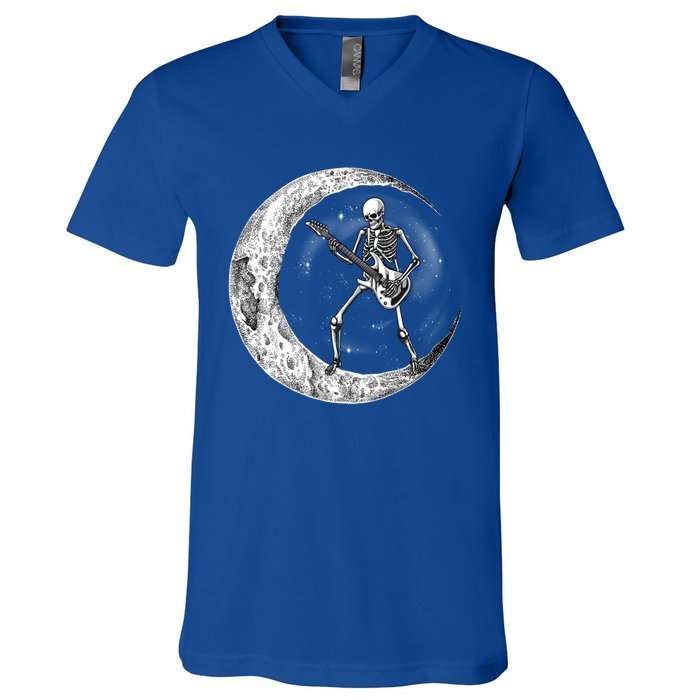 Skeleton Moon Rock And Roll Musician Guitar Lover Halloween Great Gift V-Neck T-Shirt