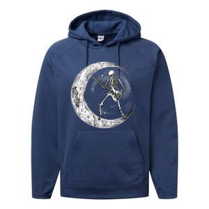 Skeleton Moon Rock And Roll Musician Guitar Lover Halloween Great Gift Performance Fleece Hoodie