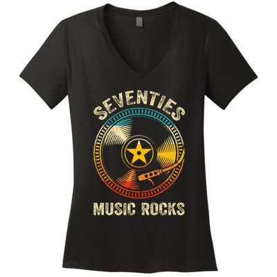 Seventies Music Rocks Retro 70´S Vintage Vinyl Records Women's V-Neck T-Shirt