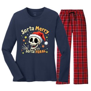 Sorta Merry Sorta Scary Funny Christmas Skeleton Women's Long Sleeve Flannel Pajama Set 