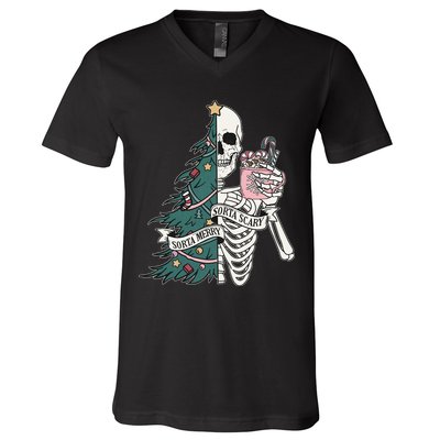 Sorta Merry Sorta Scary Funny Halloween Christmas Skeleton V-Neck T-Shirt