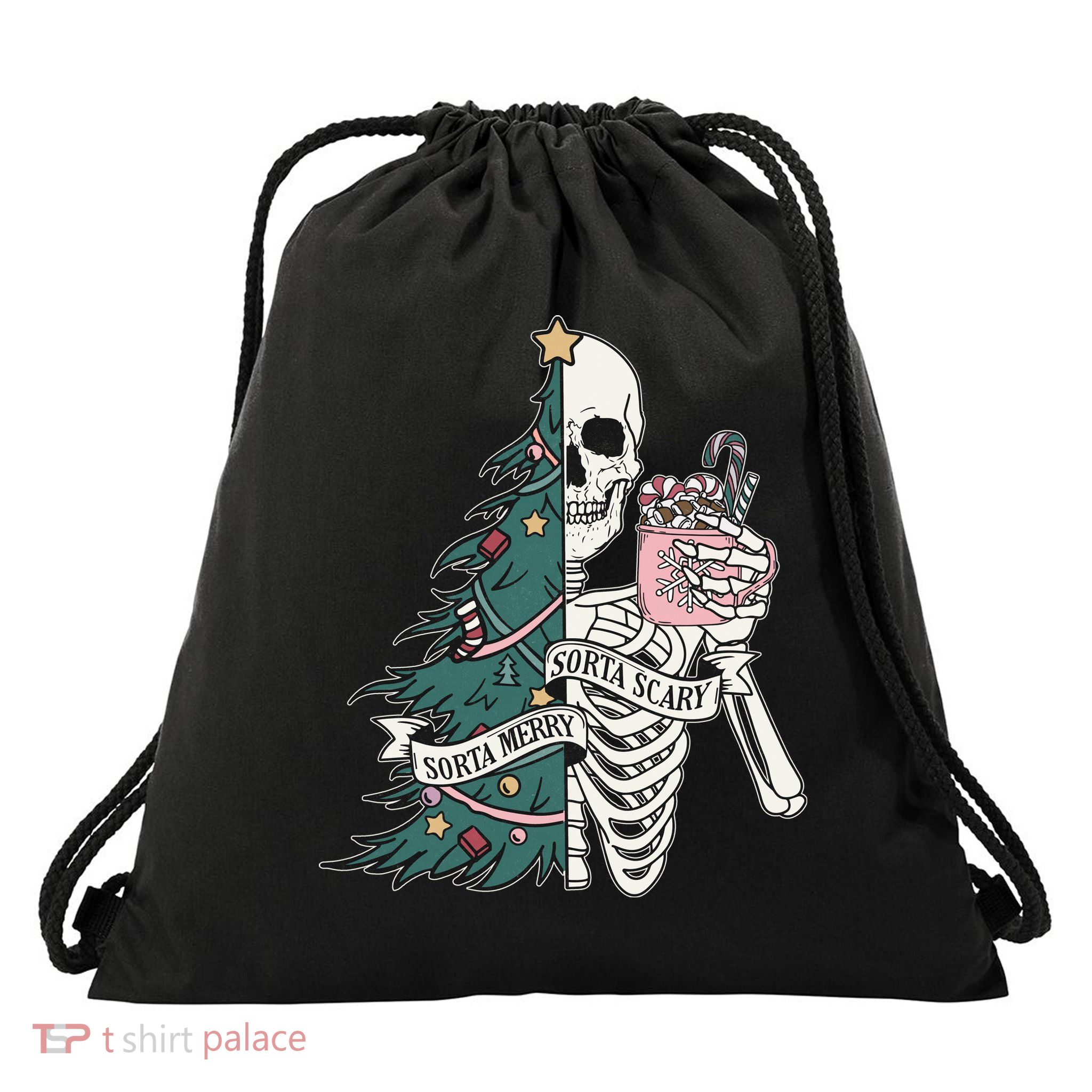 Sorta Merry Sorta Scary Funny Halloween Christmas Skeleton Drawstring Bag