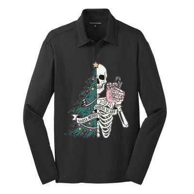 Sorta Merry Sorta Scary Funny Halloween Christmas Skeleton Silk Touch Performance Long Sleeve Polo