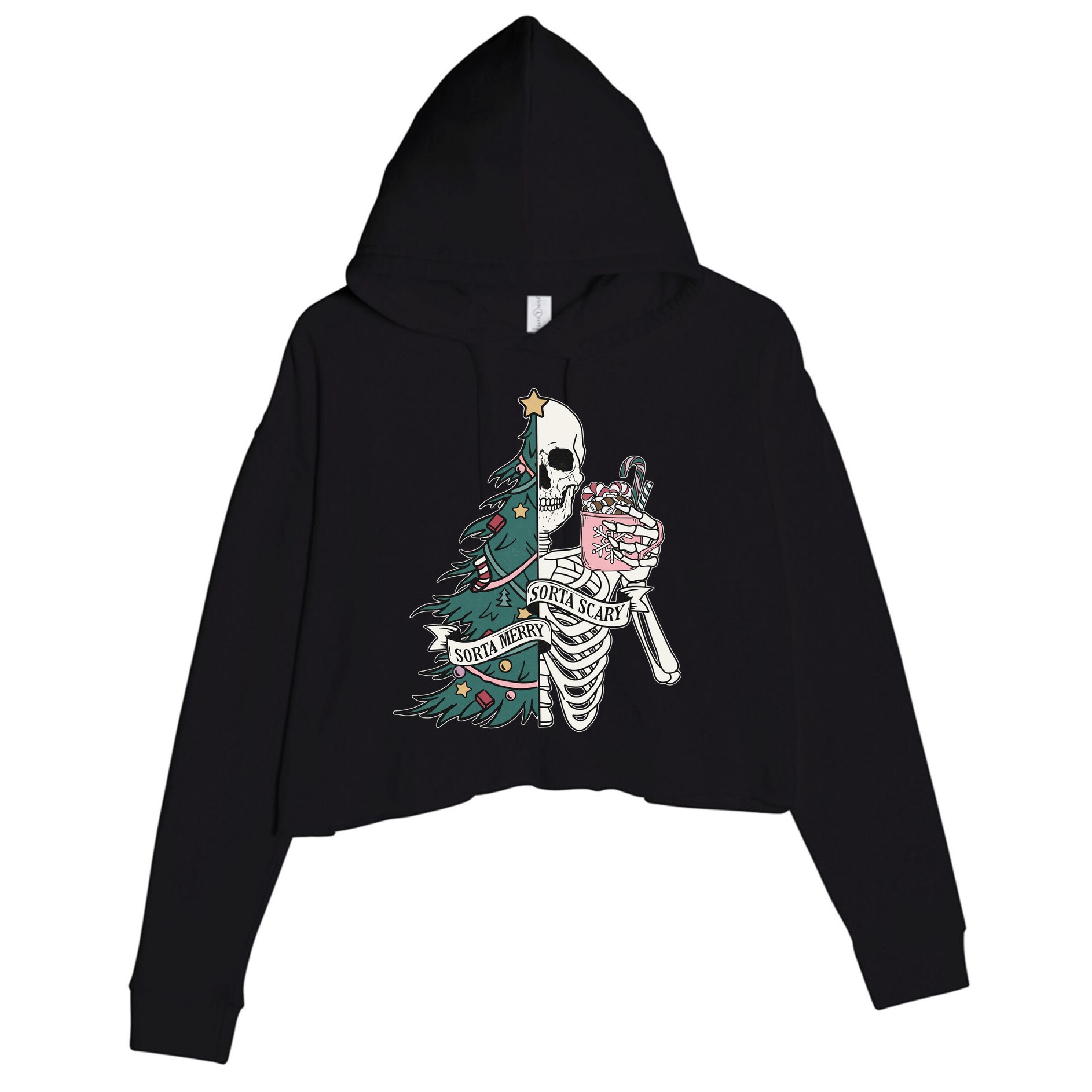Sorta Merry Sorta Scary Funny Halloween Christmas Skeleton Crop Fleece Hoodie