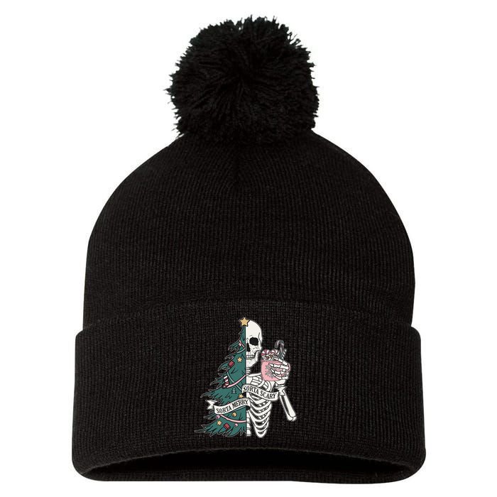 Sorta Merry Sorta Scary Funny Halloween Christmas Skeleton Pom Pom 12in Knit Beanie