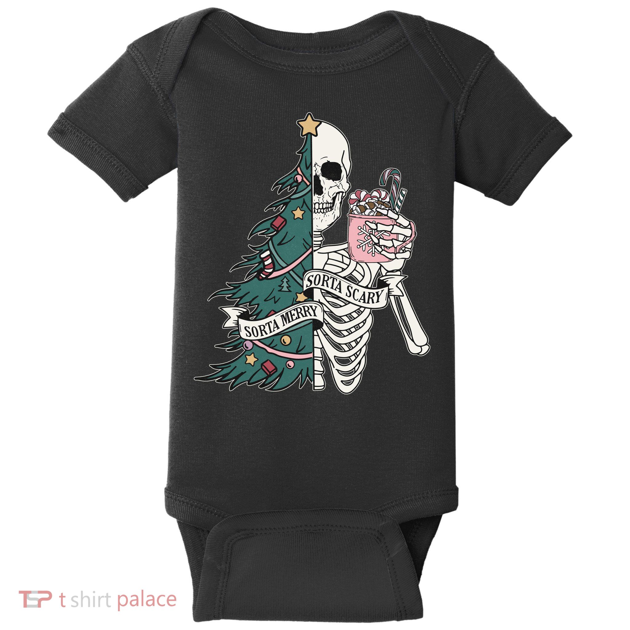 Sorta Merry Sorta Scary Funny Halloween Christmas Skeleton Baby Bodysuit