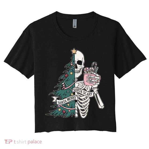 Sorta Merry Sorta Scary Funny Halloween Christmas Skeleton Crop Top