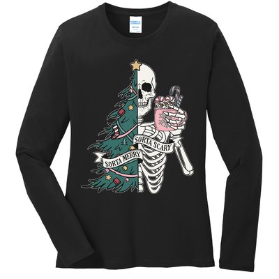 Sorta Merry Sorta Scary Funny Halloween Christmas Skeleton Ladies Long Sleeve Shirt