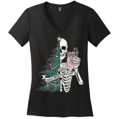Sorta Merry Sorta Scary Funny Halloween Christmas Skeleton Women's V-Neck T-Shirt