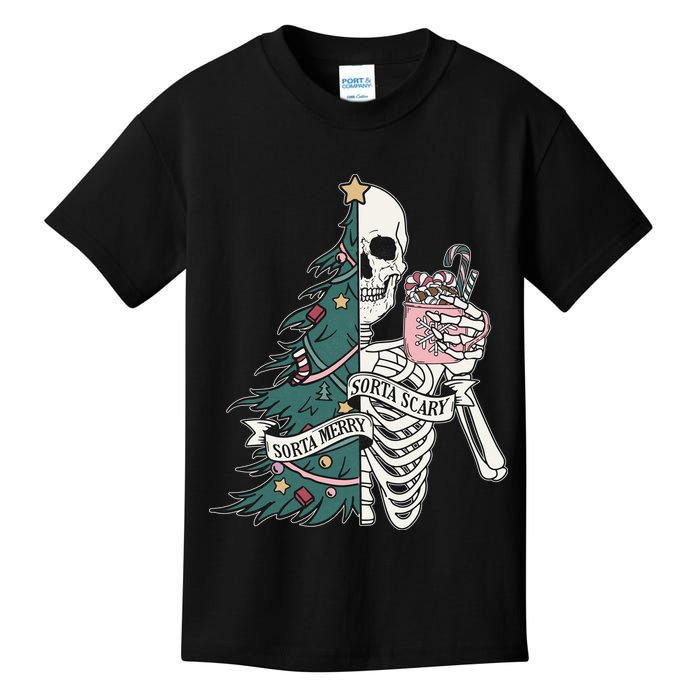 Sorta Merry Sorta Scary Funny Halloween Christmas Skeleton Kids T-Shirt