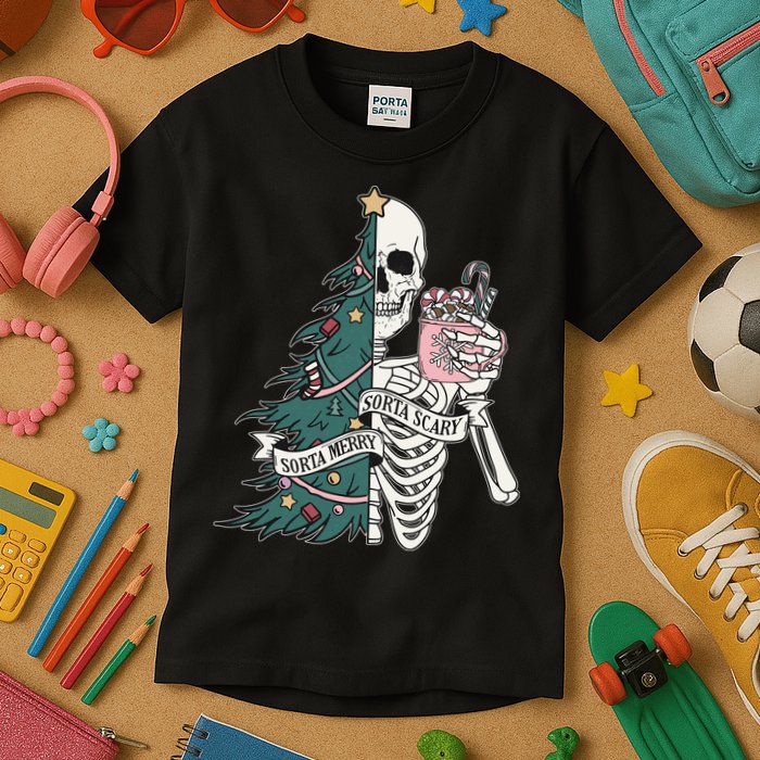 Sorta Merry Sorta Scary Funny Halloween Christmas Skeleton Kids T-Shirt