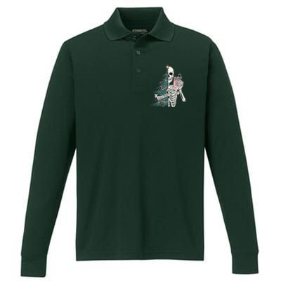 Sorta Merry Sorta Scary Funny Halloween Christmas Skeleton Performance Long Sleeve Polo