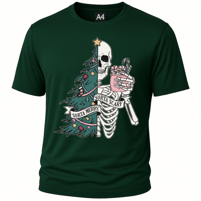 Sorta Merry Sorta Scary Funny Halloween Christmas Skeleton Cooling Performance Crew T-Shirt