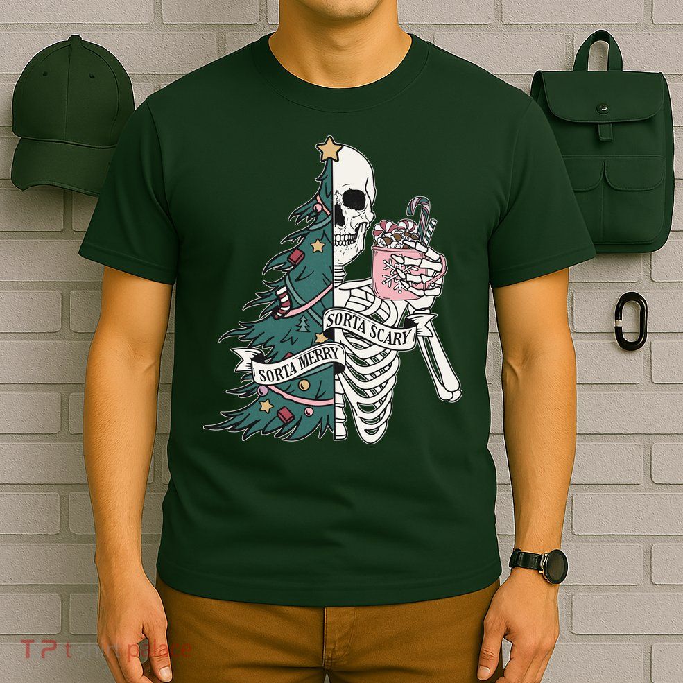 Sorta Merry Sorta Scary Funny Halloween Christmas Skeleton T-Shirt