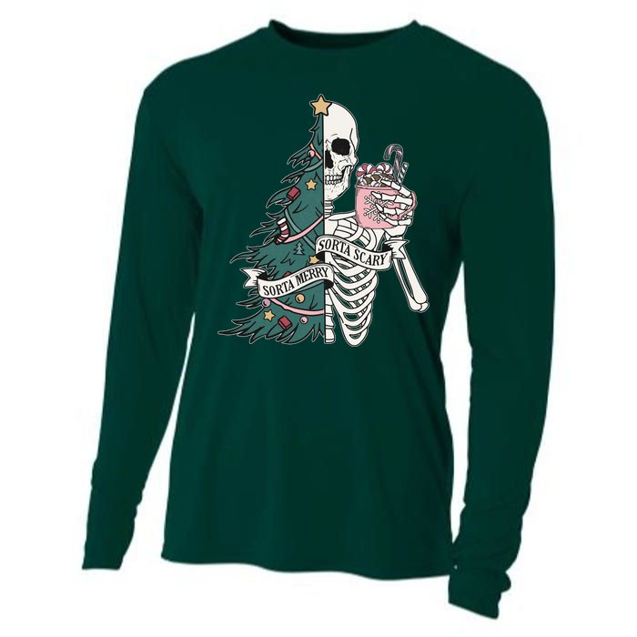 Sorta Merry Sorta Scary Funny Halloween Christmas Skeleton Cooling Performance Long Sleeve Crew