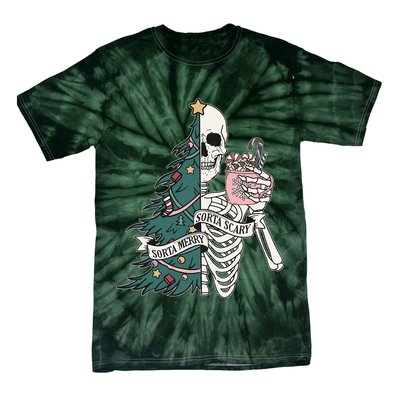 Sorta Merry Sorta Scary Funny Halloween Christmas Skeleton Tie-Dye T-Shirt