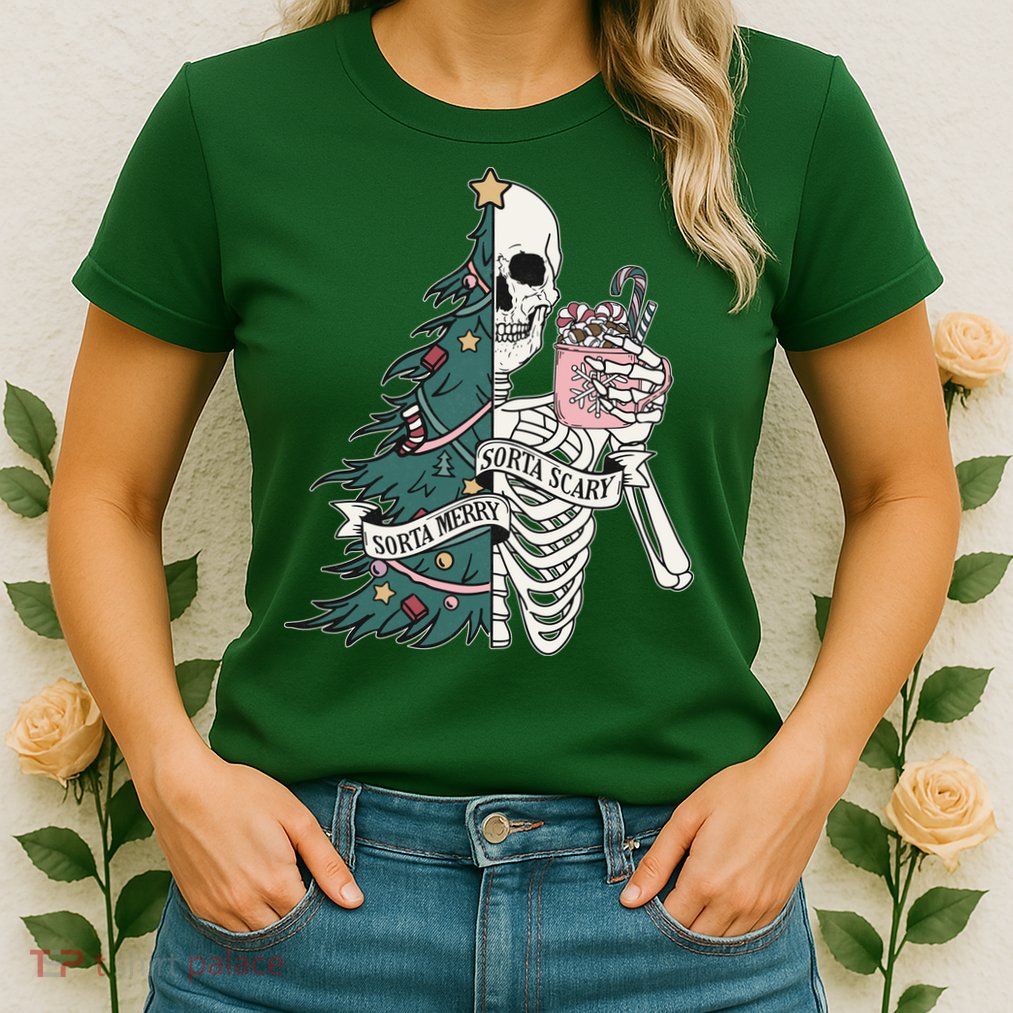 Sorta Merry Sorta Scary Funny Halloween Christmas Skeleton Womens T-Shirt
