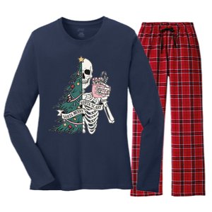 Sorta Merry Sorta Scary Funny Halloween Christmas Skeleton Women's Long Sleeve Flannel Pajama Set 