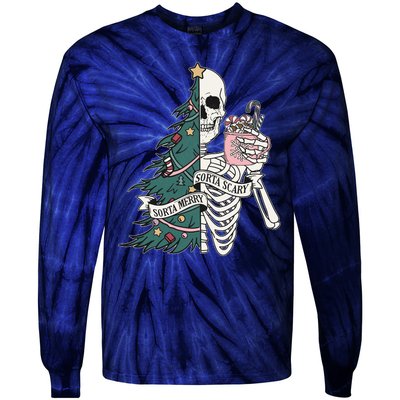 Sorta Merry Sorta Scary Funny Halloween Christmas Skeleton Tie-Dye Long Sleeve Shirt