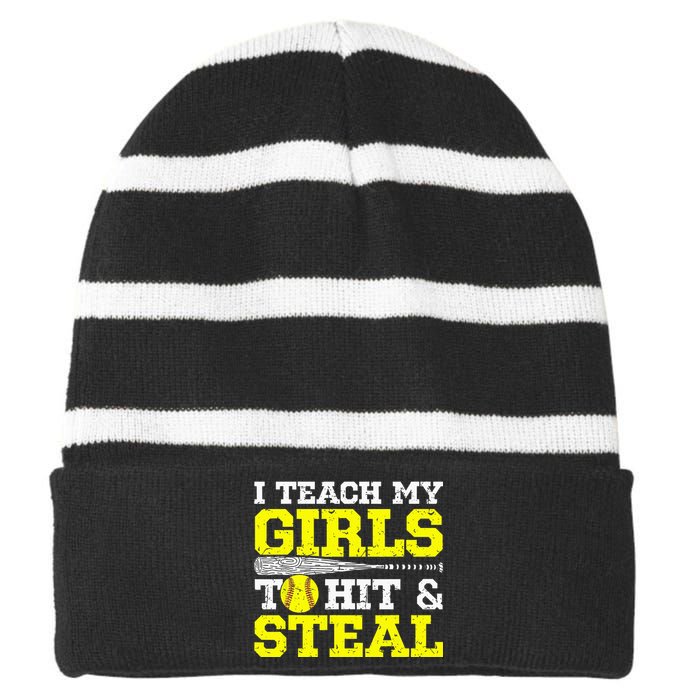 Softball Mom Softball Dad I Teach My To Hit And Steal Striped Beanie with Solid Band