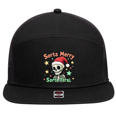 Sorta Merry Sorta Scary Funny Christmas Skeleton 7 Panel Mesh Trucker Snapback Hat