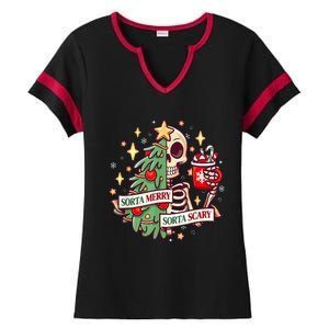 Sorta Merry Sorta Scary Skeleton Xmas Tree Christmas Funny Ladies Halftime Notch Neck Tee