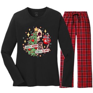 Sorta Merry Sorta Scary Skeleton Xmas Tree Christmas Funny Women's Long Sleeve Flannel Pajama Set 