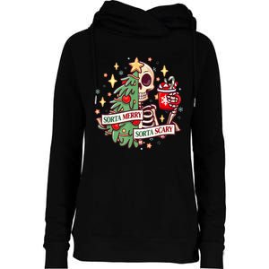 Sorta Merry Sorta Scary Skeleton Xmas Tree Christmas Funny Womens Funnel Neck Pullover Hood