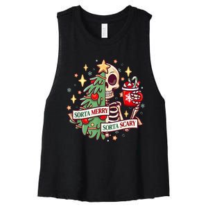 Sorta Merry Sorta Scary Skeleton Xmas Tree Christmas Funny Women's Racerback Cropped Tank