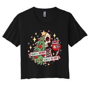 Sorta Merry Sorta Scary Skeleton Xmas Tree Christmas Funny Women's Crop Top Tee