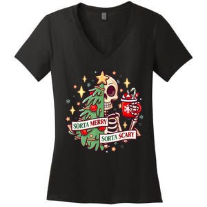 Sorta Merry Sorta Scary Skeleton Xmas Tree Christmas Funny Women's V-Neck T-Shirt