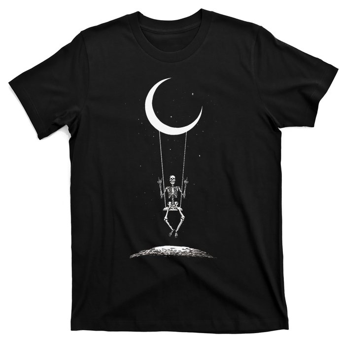 Skeleton Moon Swing Rock On Band Tees Rock And Roll Graphic T-Shirt