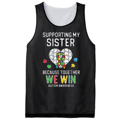 Supporting My Sister Together We Win Autism Awareness Puzzle Mesh Reversible Basketball Jersey Tank