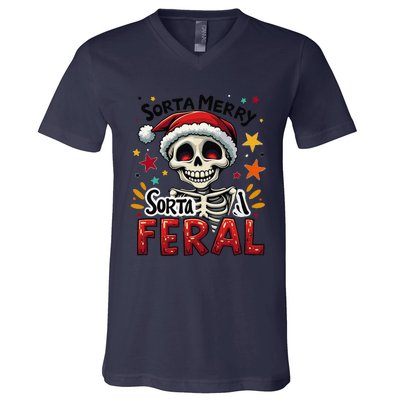 Sorta Merry Sorta Scary Funny Christmas Skeleton V-Neck T-Shirt