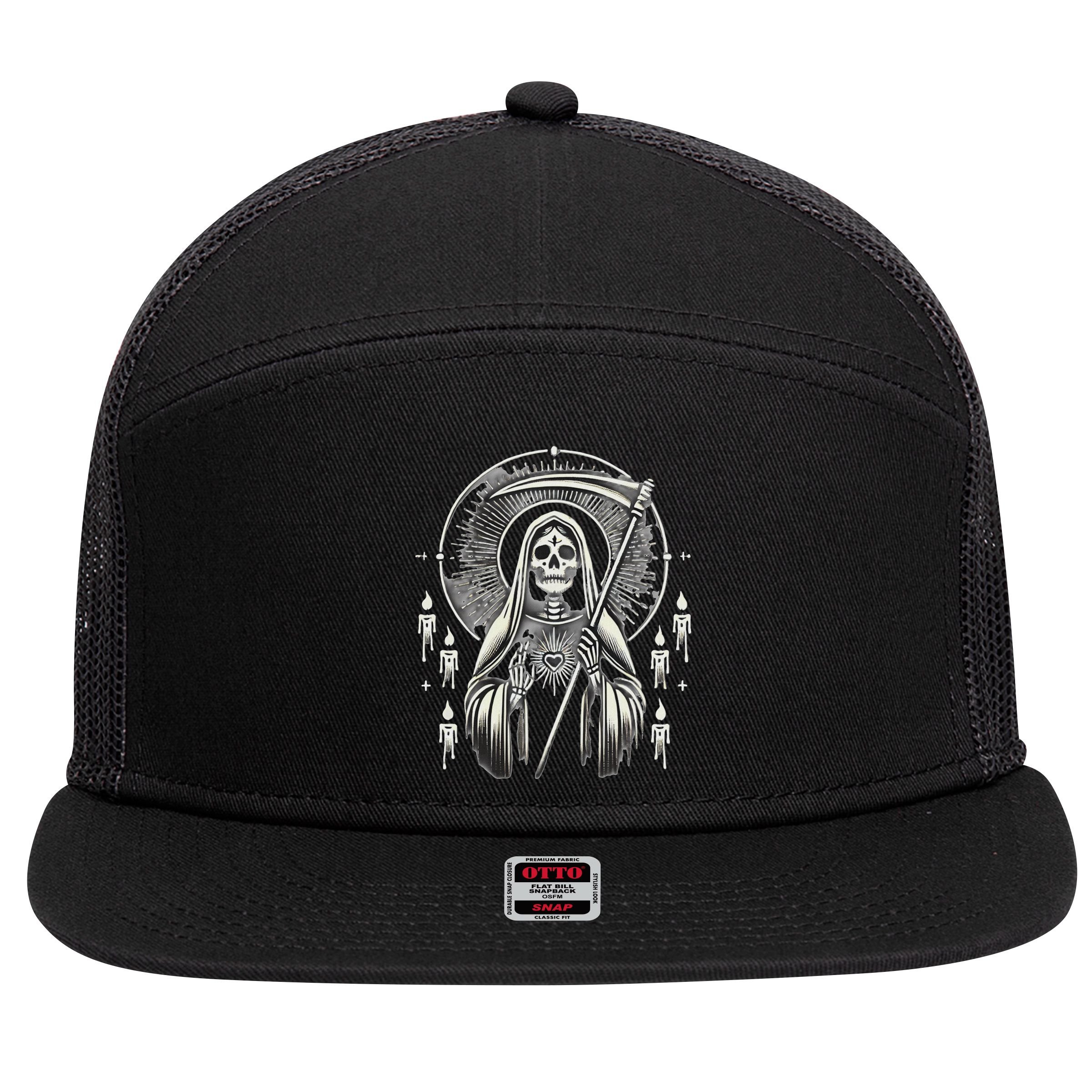 Santa Muerte Sacred Art – Mystical Skeleton With Scythe 7 Panel Mesh Trucker Snapback Hat