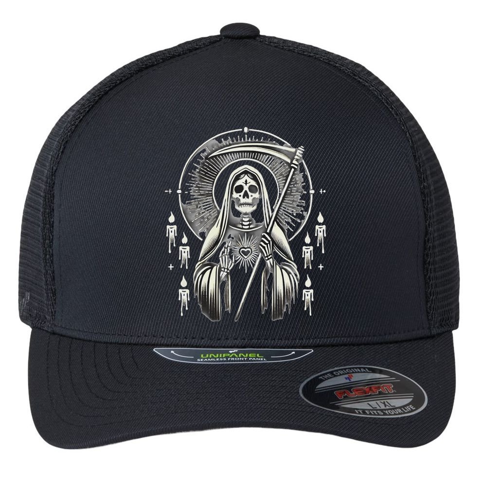 Santa Muerte Sacred Art – Mystical Skeleton With Scythe Flexfit Unipanel Trucker Cap
