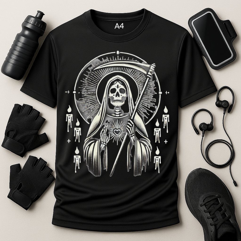 Santa Muerte Sacred Art – Mystical Skeleton With Scythe Performance Shirt