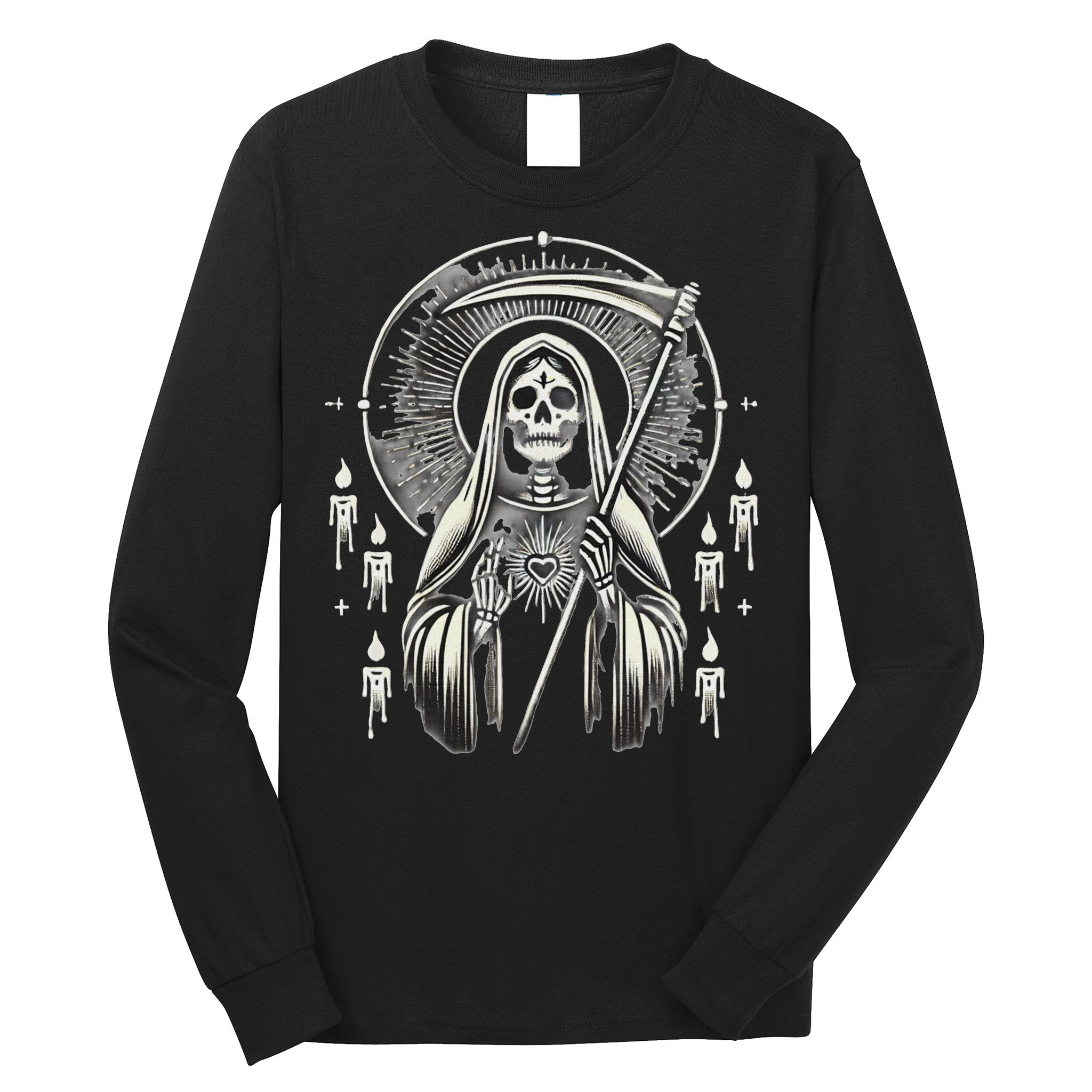 Santa Muerte Sacred Art – Mystical Skeleton With Scythe Long Sleeve Shirt