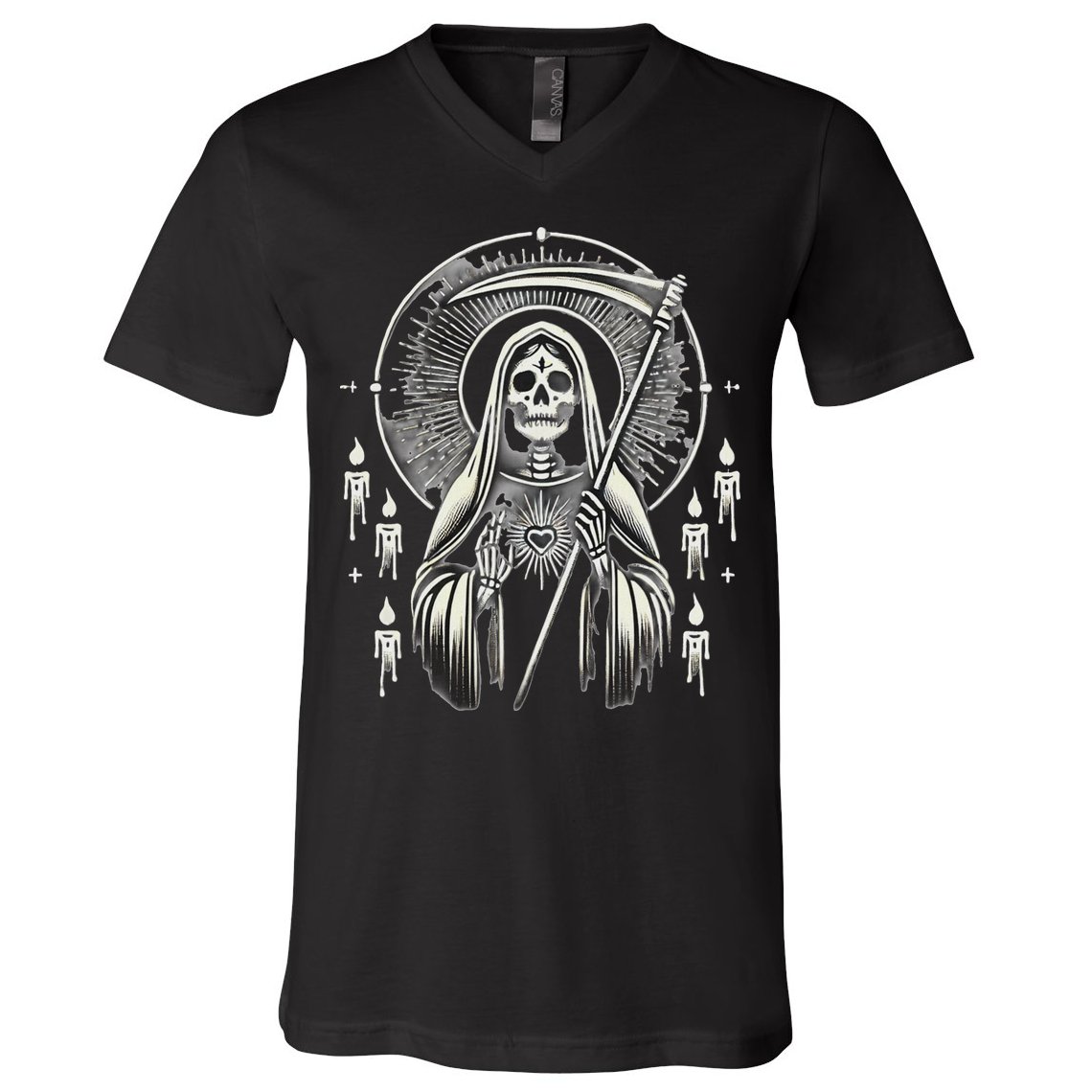 Santa Muerte Sacred Art – Mystical Skeleton With Scythe V-Neck T-Shirt