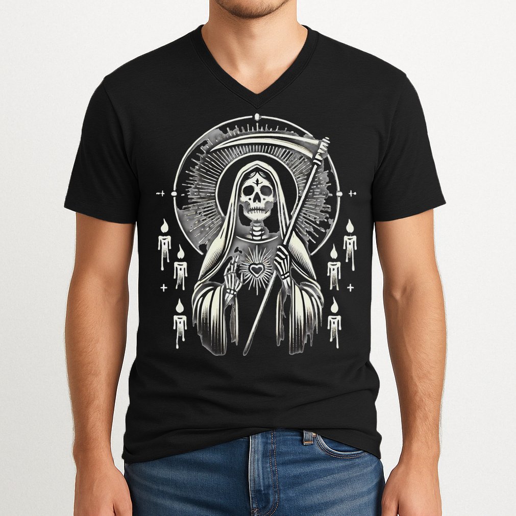 Santa Muerte Sacred Art – Mystical Skeleton With Scythe V-Neck T-Shirt