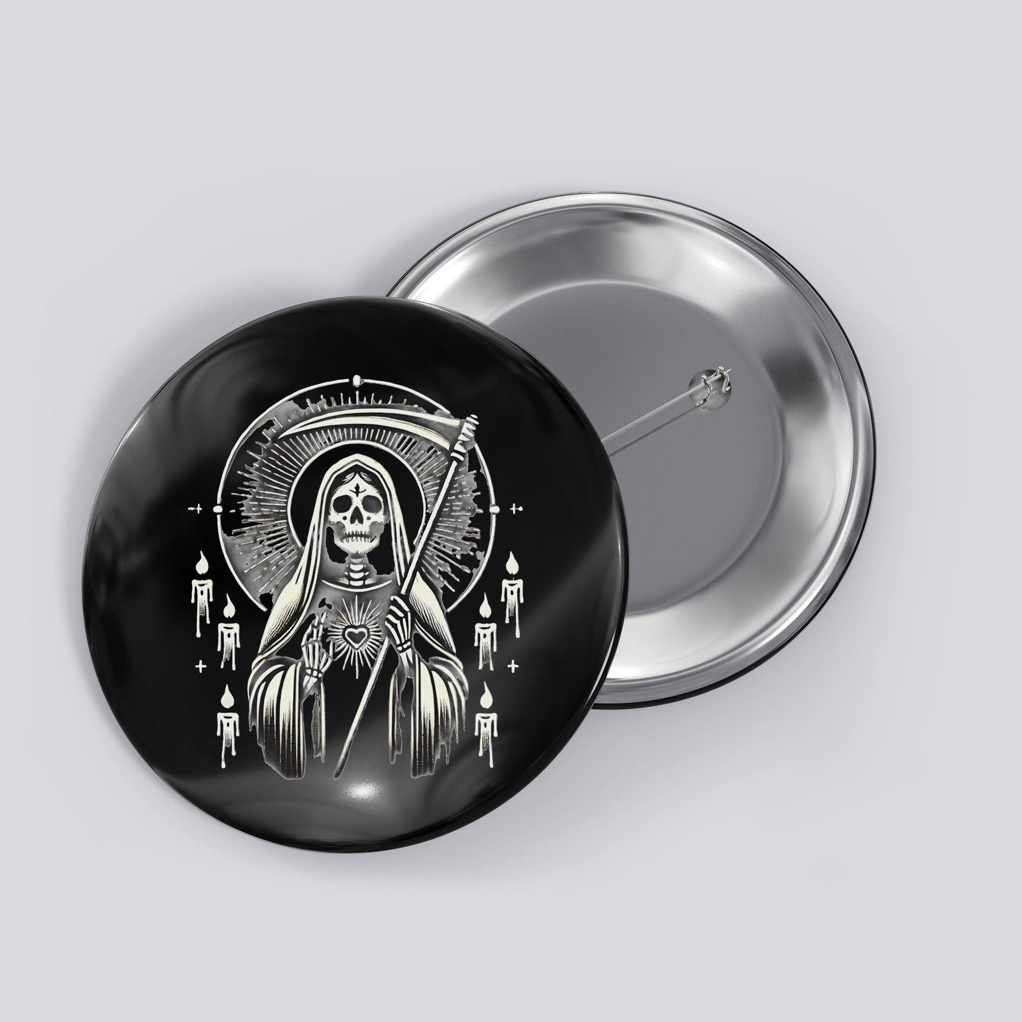 Santa Muerte Sacred Art – Mystical Skeleton With Scythe Button