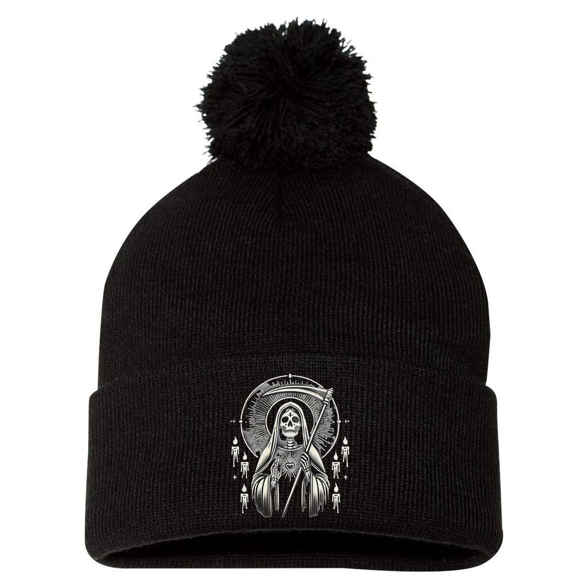 Santa Muerte Sacred Art – Mystical Skeleton With Scythe Pom Pom 12in Knit Beanie