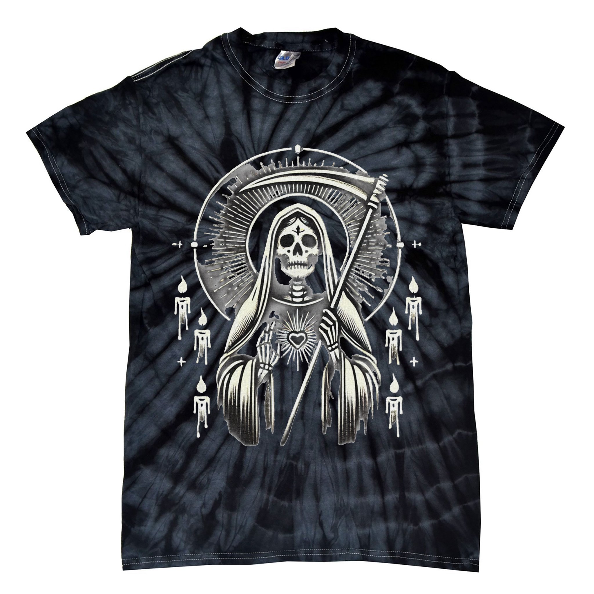 Santa Muerte Sacred Art – Mystical Skeleton With Scythe Tie-Dye T-Shirt