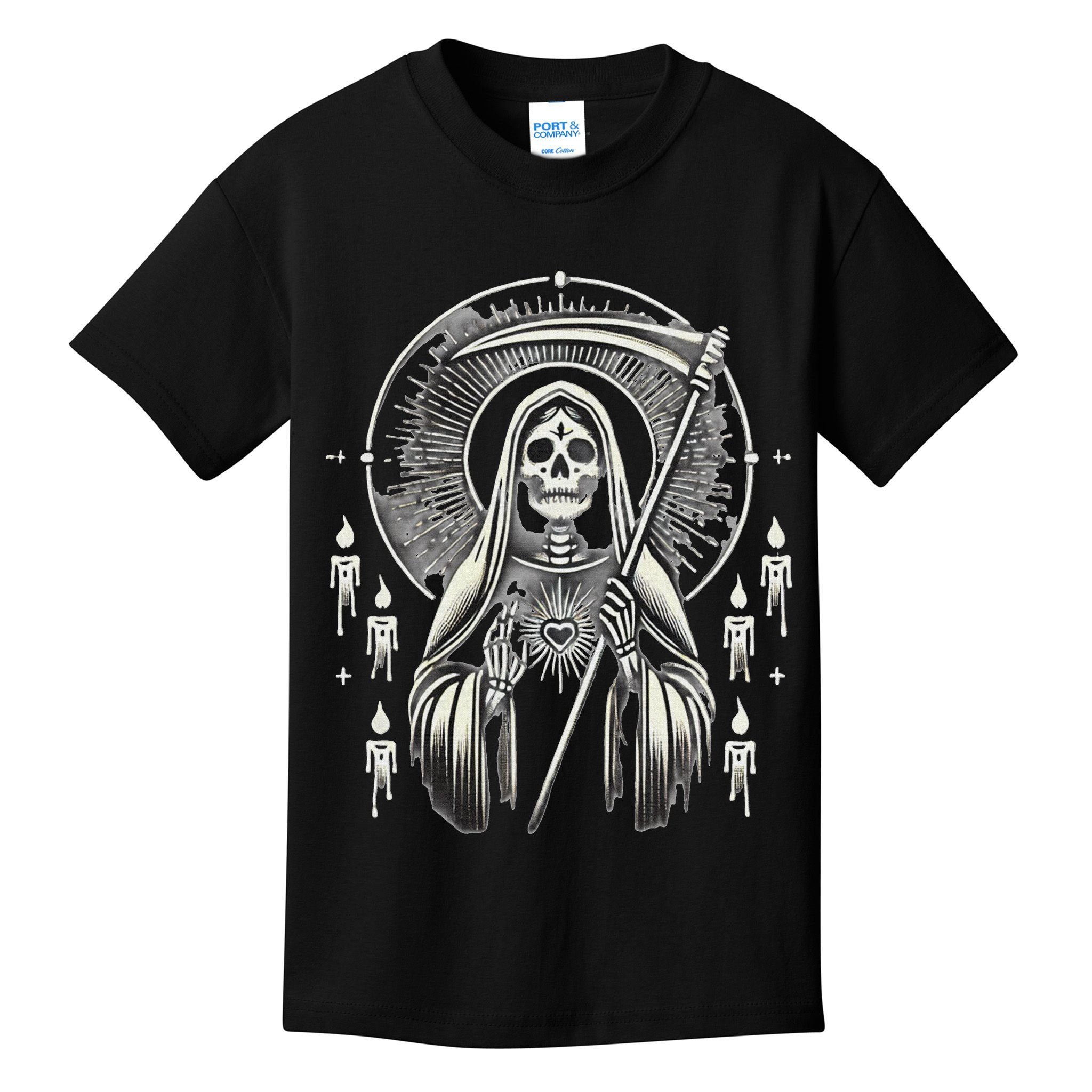 Santa Muerte Sacred Art – Mystical Skeleton With Scythe Kids T-Shirt