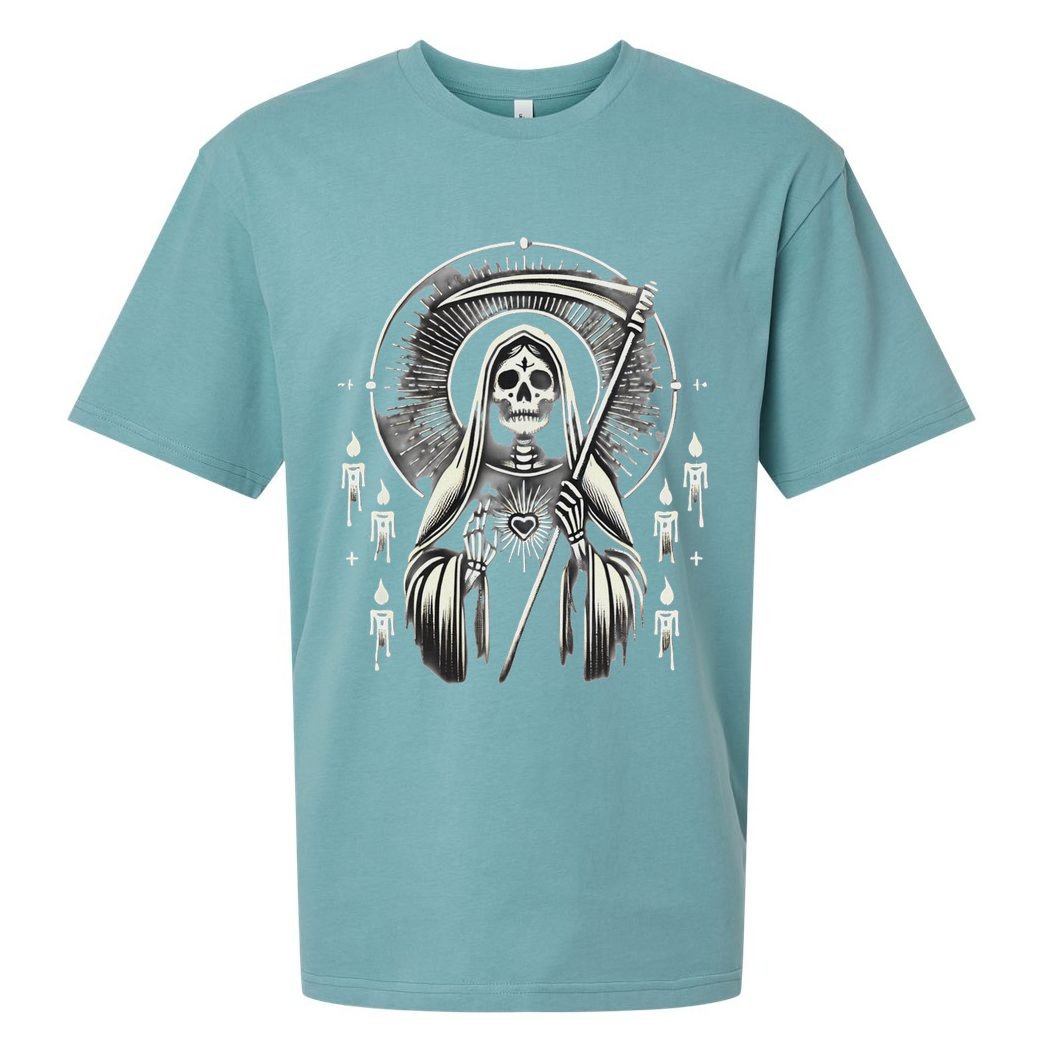 Santa Muerte Sacred Art – Mystical Skeleton With Scythe Sueded Cloud Jersey T-Shirt