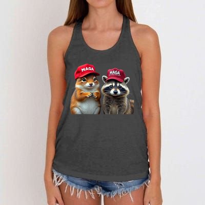 Social Media Star Peanut Squirrel And Fred Raccoon Maga Women's Knotted Racerback Tank
