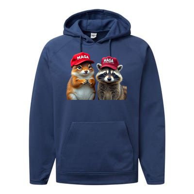 Social Media Star Peanut Squirrel And Fred Raccoon Maga Performance Fleece Hoodie