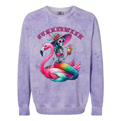 Summerween Mermaid Skeleton Flamingo Summer Halloween Women Colorblast Crewneck Sweatshirt